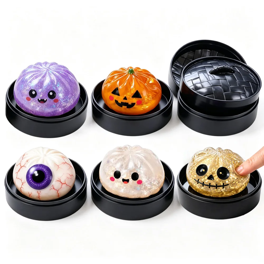 Glitter Halloween Ghost Dumplings Squishy Slow Rebound Stress Relief Baozi with Steamer Cute Stretchy Fidget Gift for Holiday