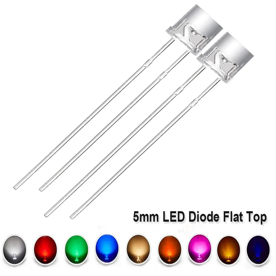 

100pcs 5mm LED Diode Flat Top 2PIN Warm White Red Green Blue UV Purple Yellow Pink F5 Wide Angle DIY PCB Emitting Light Bulb