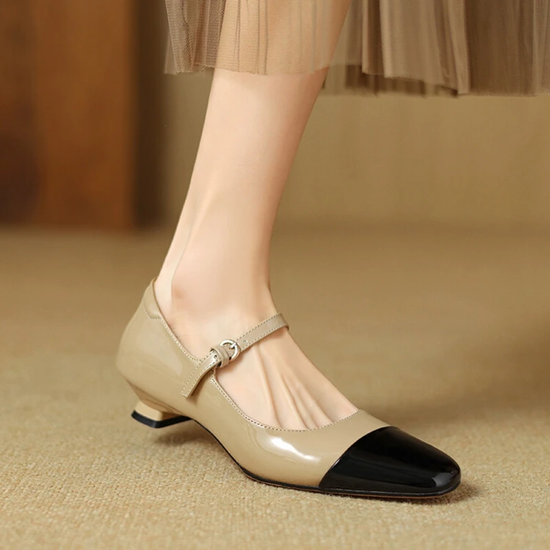 NEW Spring/Autumn Women Pumps Square Toe Low Heel Shoes Patent Leather Shoes for Women Mixed Colors Buckle Strap Mary Janes Shoe