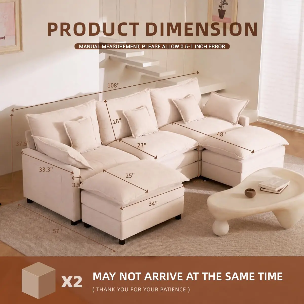 U-Shaped Modular Cloud Sofa, Deep Seat, Linen Beige, 108 Inch, Customized