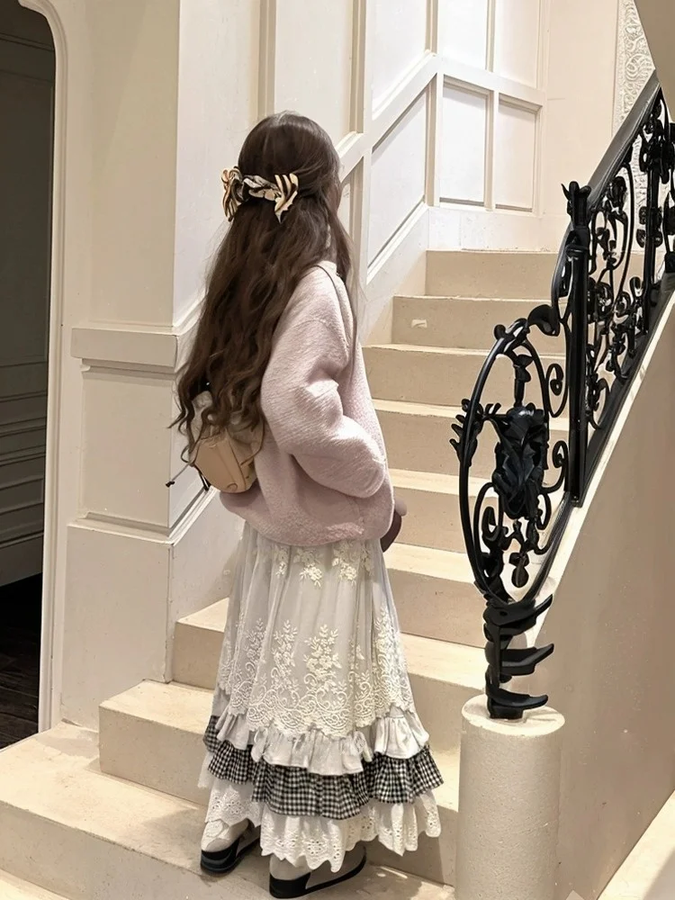 Sweet Girl Feel Plaid Lace Splicing  Skirt Women Spring Autumn Heavy Design Sense Youthful Long Skirt Korean Sle Commute