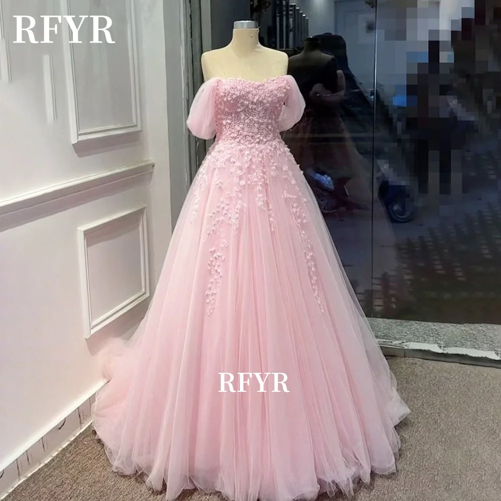 

RFYR A Line Prom Dress Off Shoulder Evening Dress Pink Party Dresses with Applique Elegant Lace Party Gowns for Women Customized