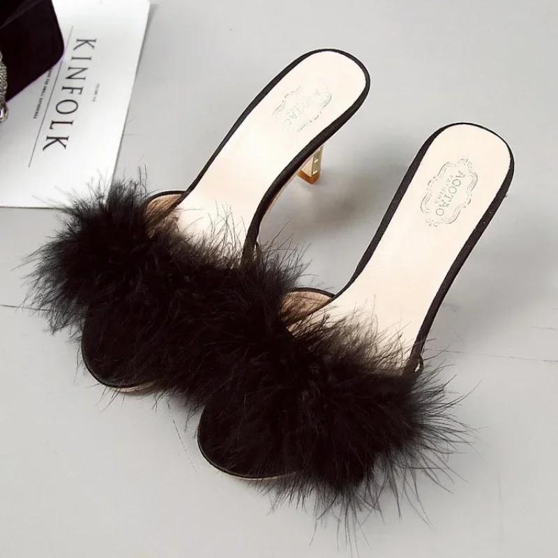 Women Slippers Summer 2024 New Fashion Hairy Stiletto Sandals Slippers Women Word Drag Open Toe Wear High Heel Slippers Women