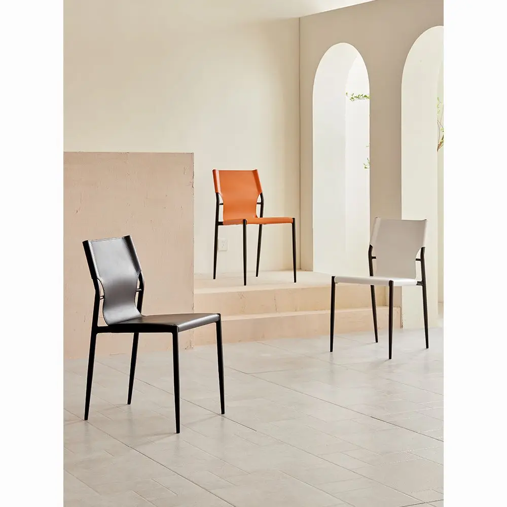 ee-Italian Saddle Leather Dining Chair Home Living Room Chair Minimalist Restaurant Cafe Casual
