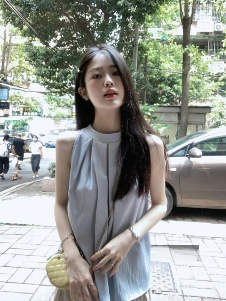 

Korean Sle Svel Collar irt Women's Summer New Faion round Ne Design Folded Blue Top Trendy Loose Fit Commute