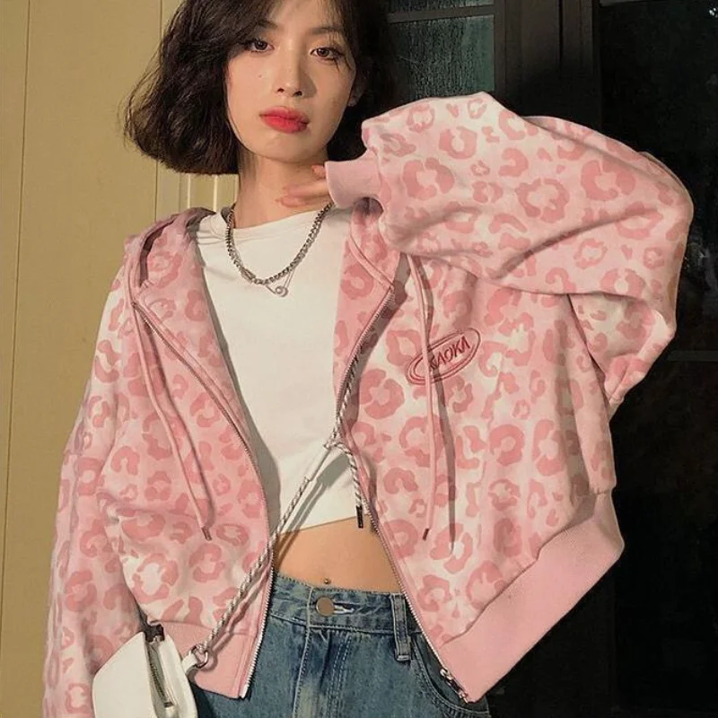 

Korean Style Short Open Front Hooded Cardigan Cotton Women Spring Autumn Pink Leopard Print Loose Style Retro Casual Hoodie