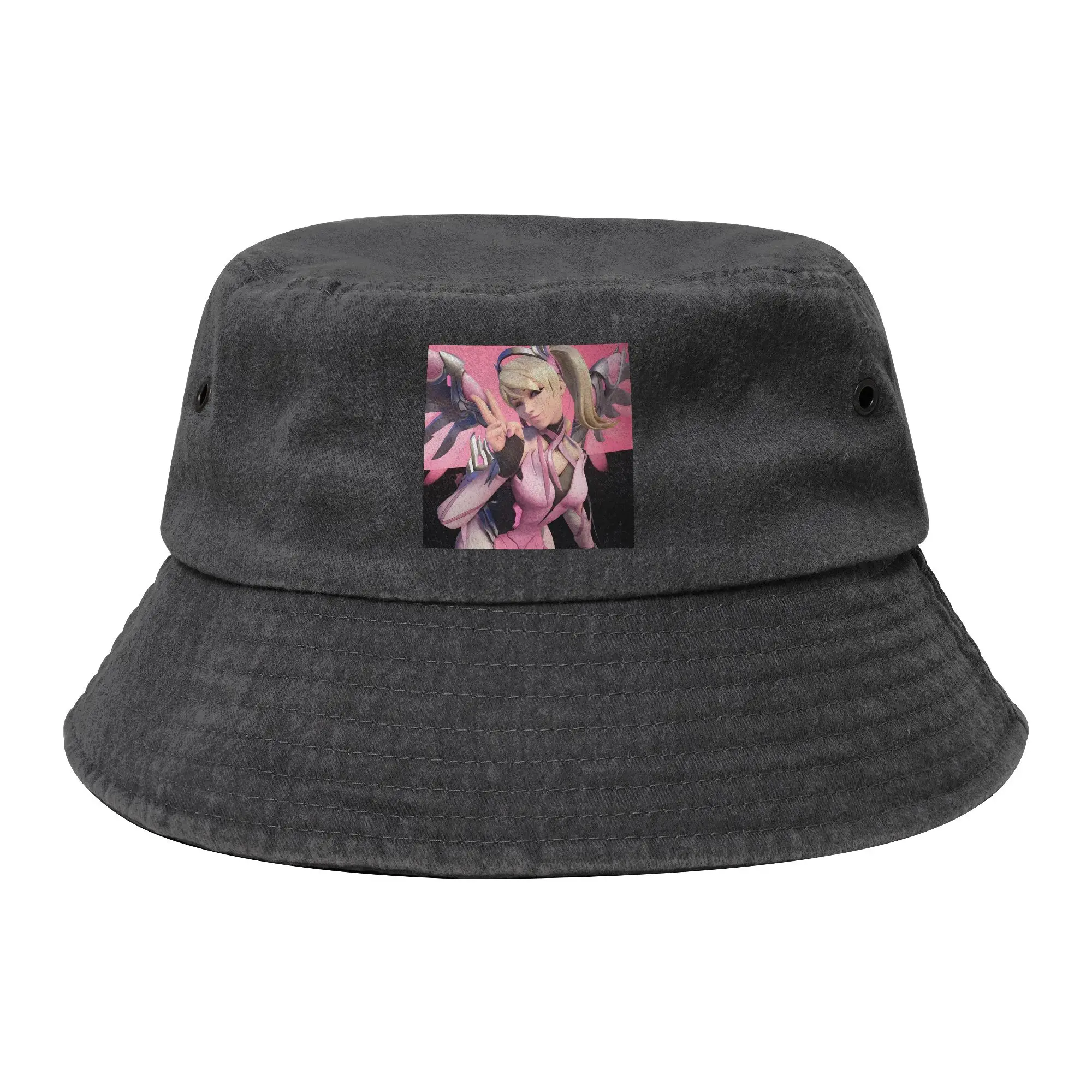 Mercy Bucket Hat for Men Women Vocation Overwatch Game Distressed Denim Washed Sun Hat UV Protection for Fishing Fisherman Hats
