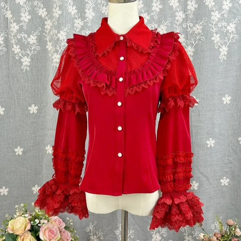 Japanse Gothic Y2k Lolita Stijl Shirts Vrouwen Vintage Elegante Afneembare Lange Mouwen Blouses Victoriaanse Zoete Ruches Slim Tops