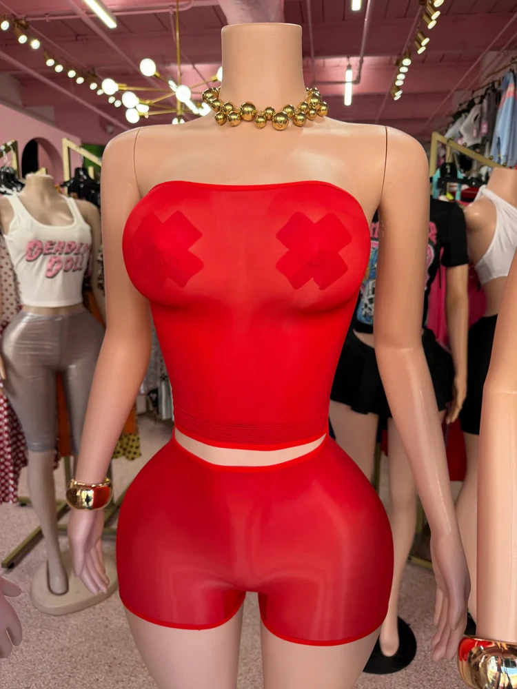2026 Damen Boutique Trendige Mode 2-teilige Sets Heiße Sexy Trägerlose Mesh Crop Tops Mini Shorts Set Mitternachts-Party Club Outfits – Detail 5