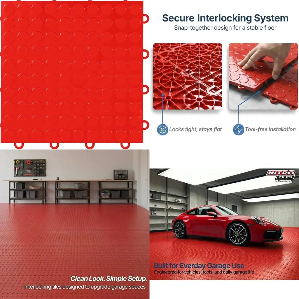 

Напольные плитки для гаража 12x12 дюймов, усиленные, с монетным узором, из полипропилена, нескользящие, красные, 12 штук в упаковке, 12 кв. футов/упаковка