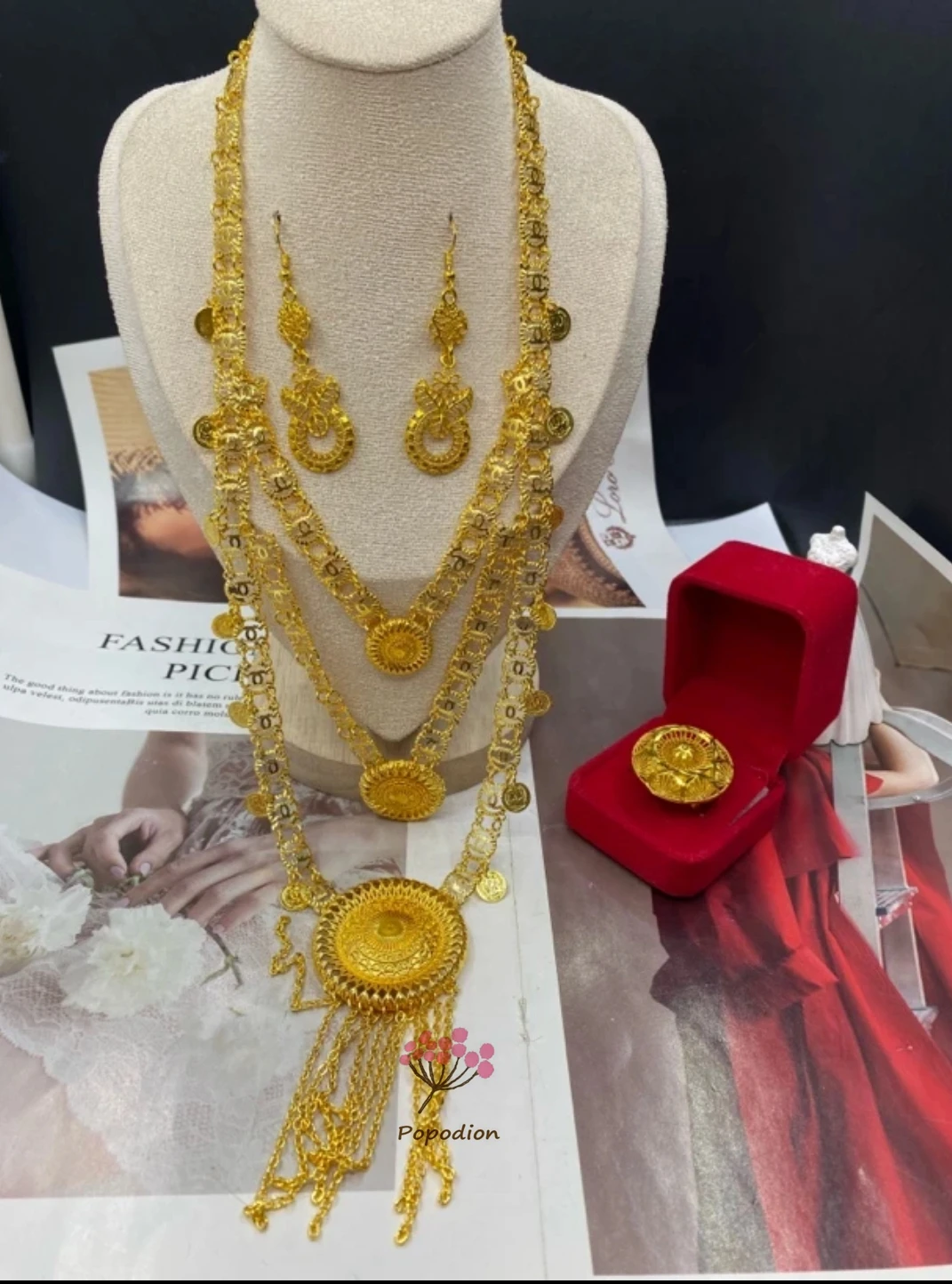 

New Dubai 24K Gold Plated Necklace, Earrings, and Rings for Women's Wedding Party Jewelry Set DD10524