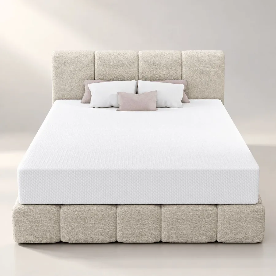 Queen mattress for bedroom use, gel memory foam, white, pressure relieving and cooling