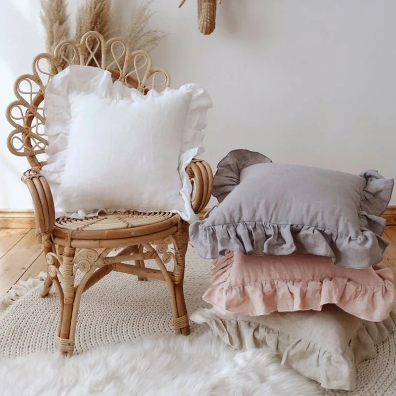 100% Linen Throw Pillow Covers Washed Flax Home Decoration French Ruffled Square Bed Couch Living Room Solid Color Cushion Cover