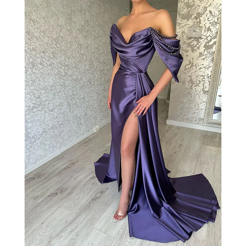 

Classy Prom Dresses Pearsl Off Shoulder Purple Evening Gowns Pleats Ruches Slit Formal Long Special Occasions Party Dress