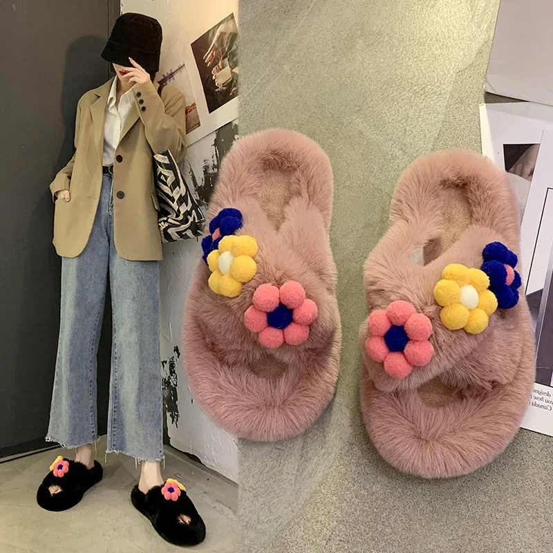 Slippers Women Winter Cute Fluffy Fur Slipper Flower Home Slides Platform Flat Indoor Floor Flip Flops Women Ladies Shoes 2023