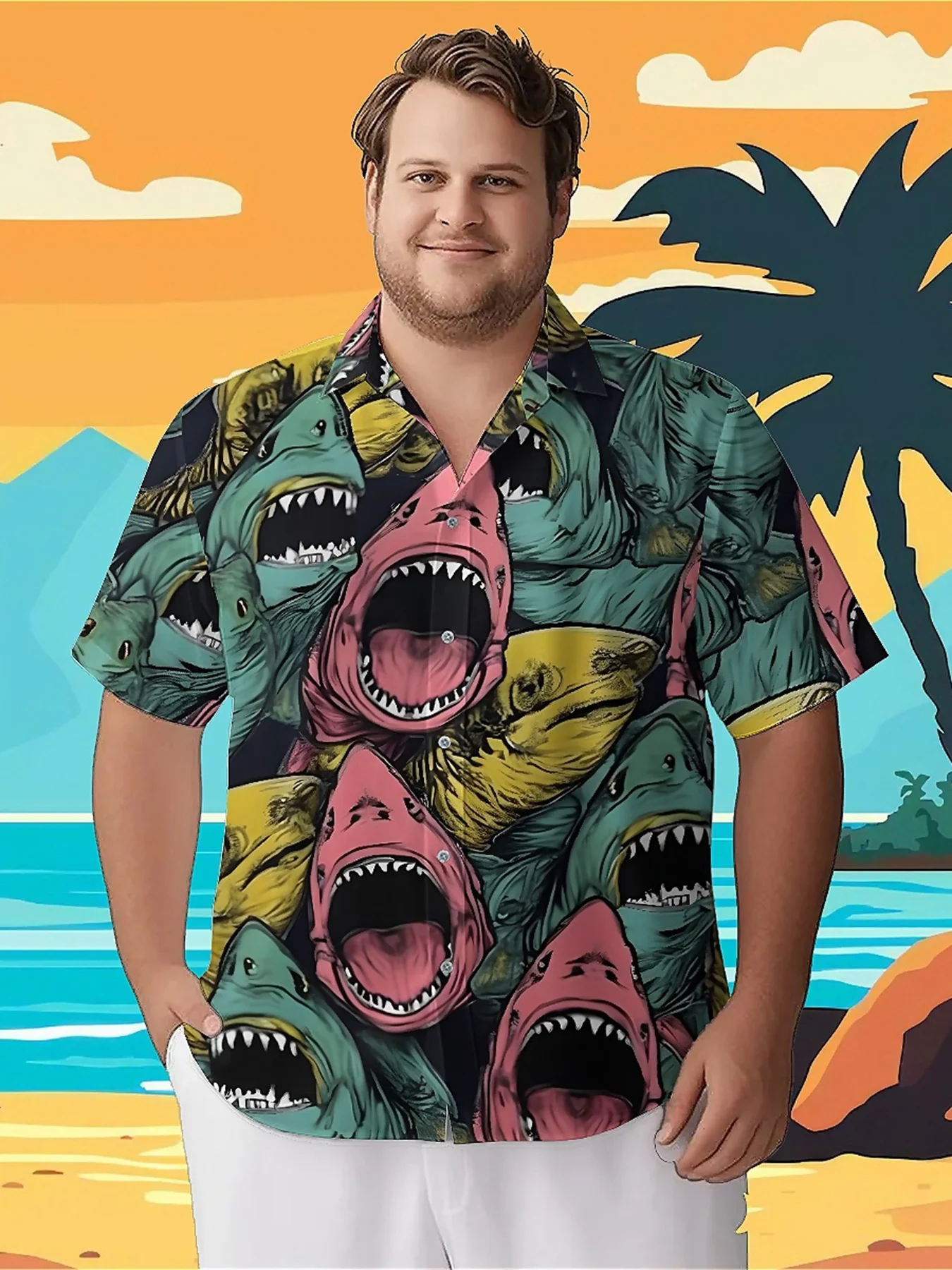 Men's Plus Size Hawaiian Shirts Shark Roar pattern, Summer Casual Tops, Suitable for Outdoor and Party, Streetwear