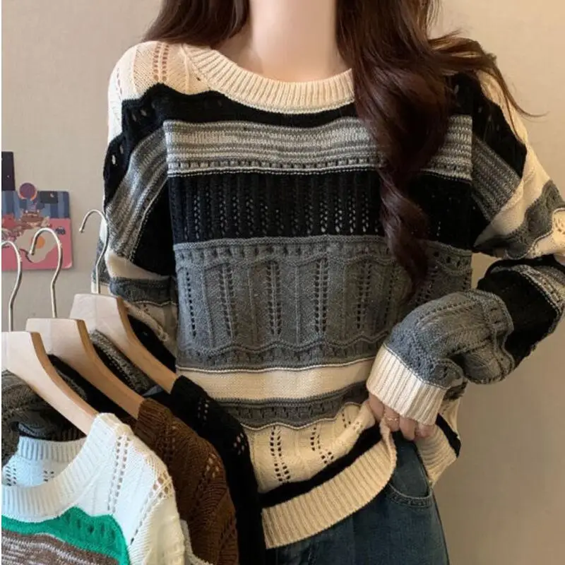 

Горячий женский свитер, новый пуловер, трикотаж, женская одежда, топы, мода Y2K Kawaii, теплый цветной блок, с длинным рукавом, свободный, повседневный, на каждый день