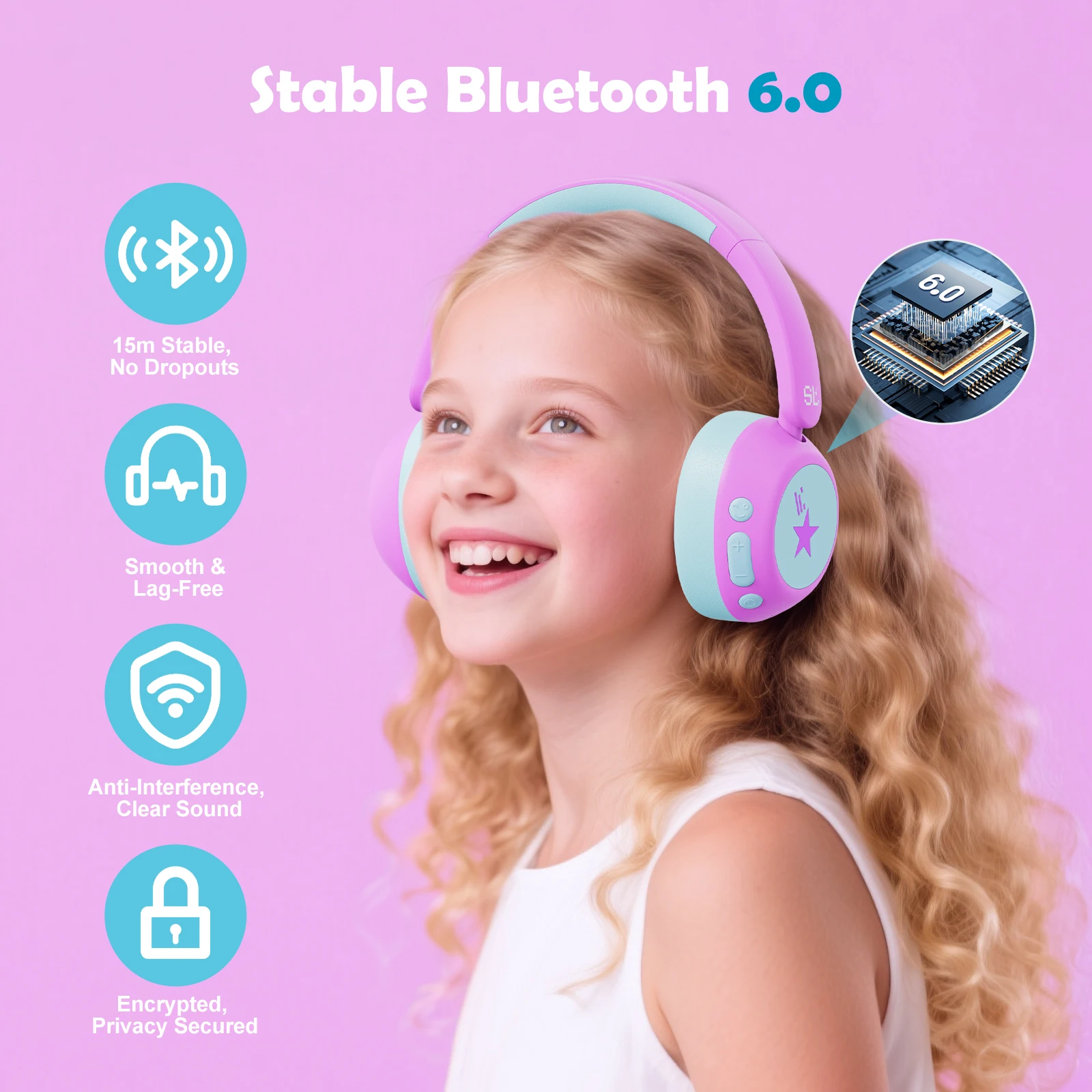 Kopfhörer mit aktiver Geräuschunterdrückung für Kinder, Kleinkinder, Bluetooth 6.0, 70 Stunden Spielzeit, ANC, kabellose Kopfhörer für Reisen und Flugzeug – Detail 2