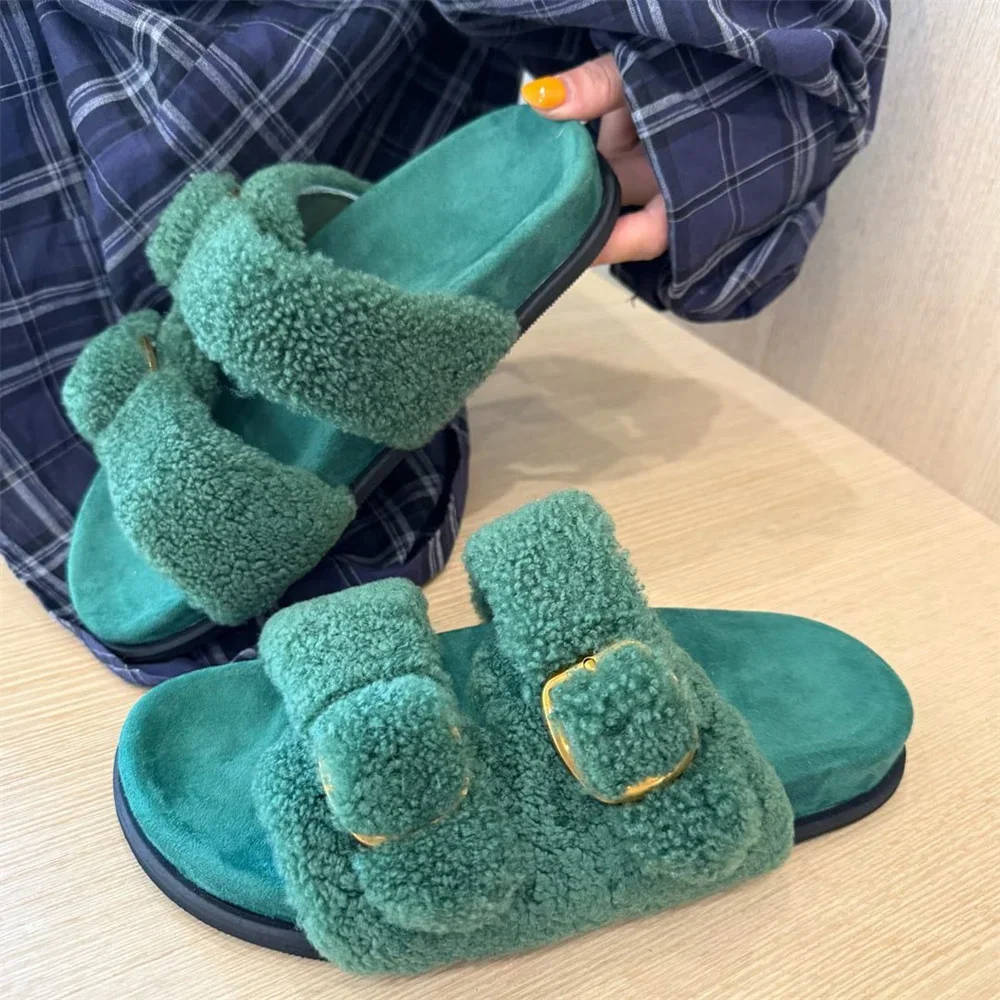 Women Wool Fur Slides Luxury Fluffy Real Fur Slippers For Woman  Non Slip Flat Flip Flops Indoor Outdoor Woman Plush Sandals