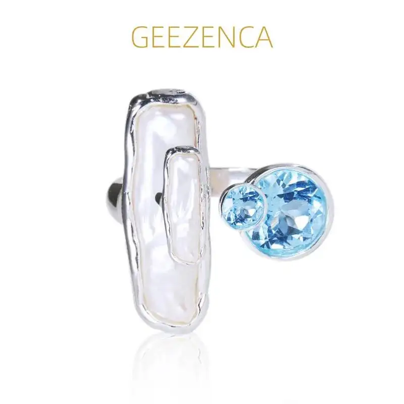 GEEZENCA Topaz Baroque Pearl 925 Silver Open Rings For Women Minimalist Geometric Delicate Hollow Adjustable Ring Party Gift