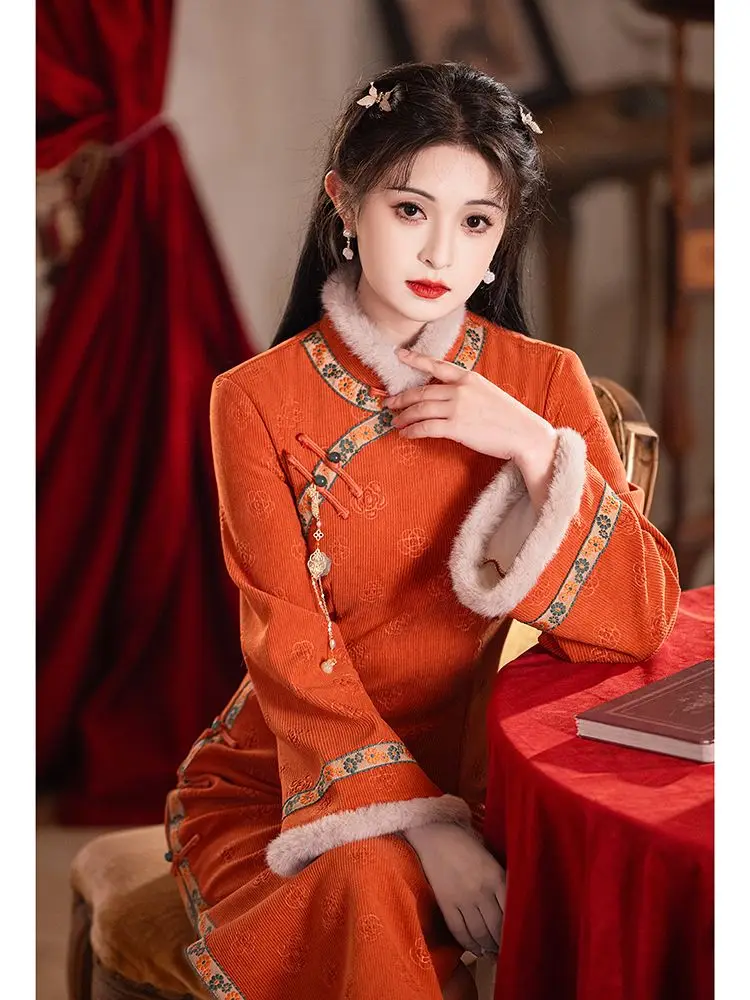 Winter Women Thicken Fleece Long Sleeve Slim Long Dress Vintage Chinese Style Elegant Floral Jacquard Orange Cheongsam Dress