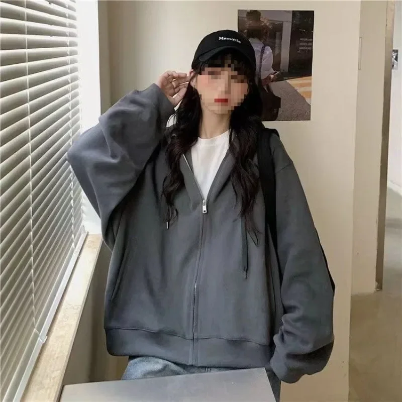 Korean Casual Zip Up Oversized Hoodies For Women Winter Harajuku Warm Fleece Thicken Hooded Sweatshirt Streetwear Y2k Tops