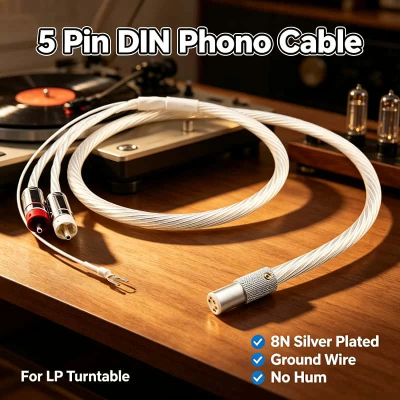 8N Silver Plated 5 Pin DIN to 2 RCA Phono Tonearm Cable with Ground Wire No Hum for LP Vinyl Turntable Record Player