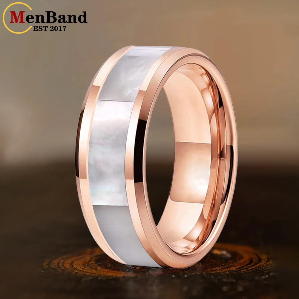 

MenBand 6/8mm White Mother Of Pearl Shell Inlay Beveled Polished Tungsten Ring for Men Women Fashion Engagement Wedding Band