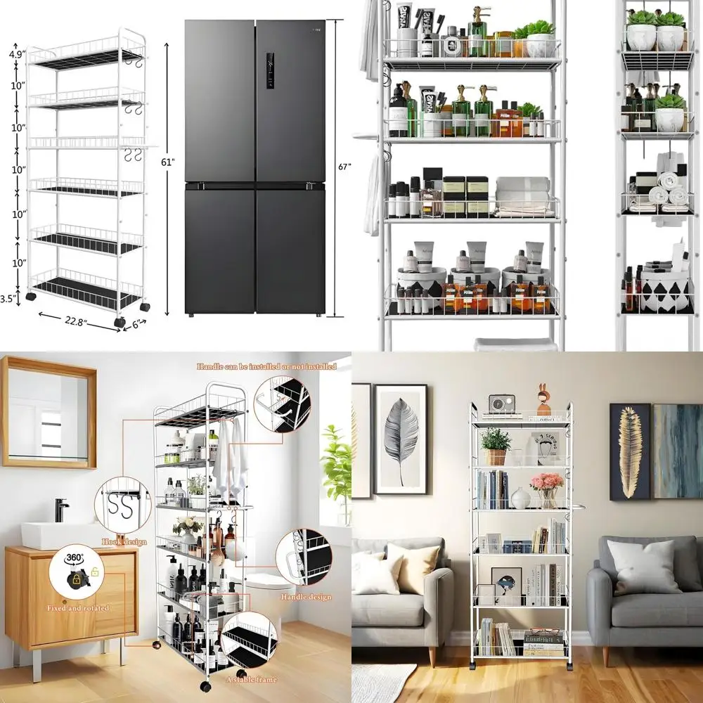 10-Tier Slim Rolling Storage Cart with Handle, White Metal Wire Shelving Unit on Wheels for Kitchen, Bathroom, Office, and Laund