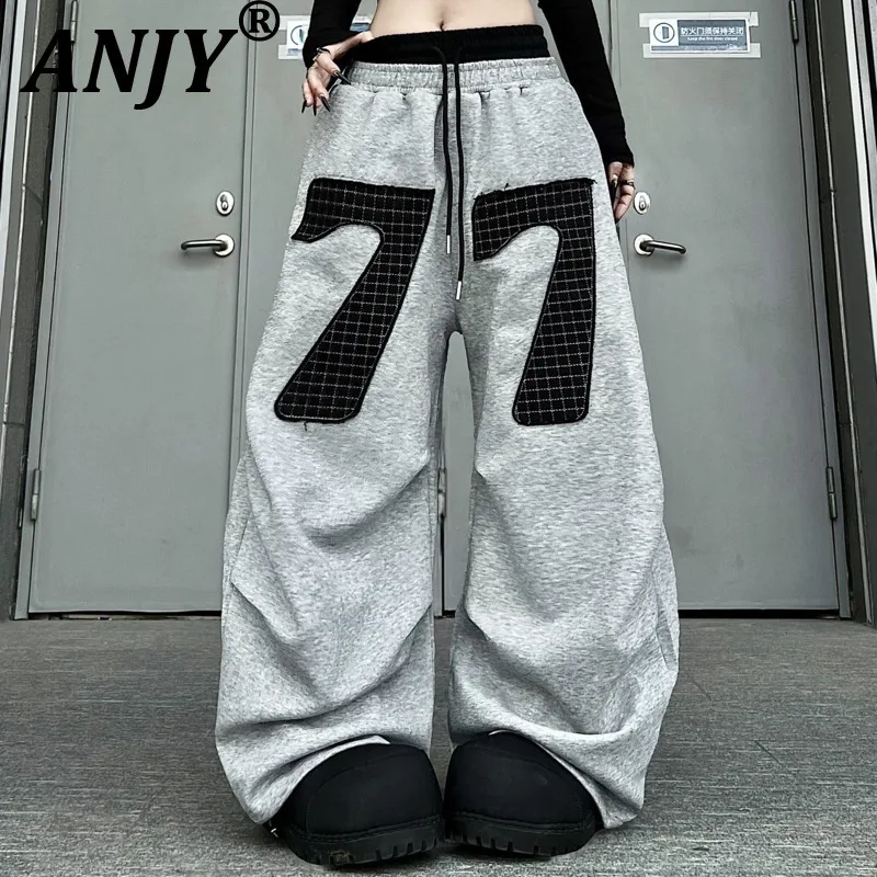 ANJY Spring Autumn New Women Double-Waisted Pleated Letter Patchwork Casual Sweatpants Niche Designs Loose Wide Leg Pants A21213