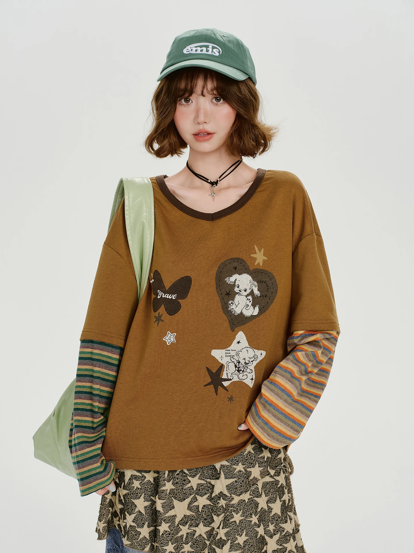 

Девчачья американская ретро лоскутная полосатая длинная футболка Све женский свободный топ милый крутой дизайн осенняя новинка сле