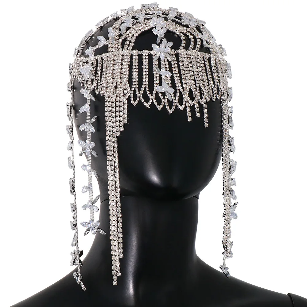 Women Exotic Leaf Rhinestone Tassel Belly Dance Head Cap Hat Jewelry Luxury Crystal Hair Accessory for Party Wedding Showing