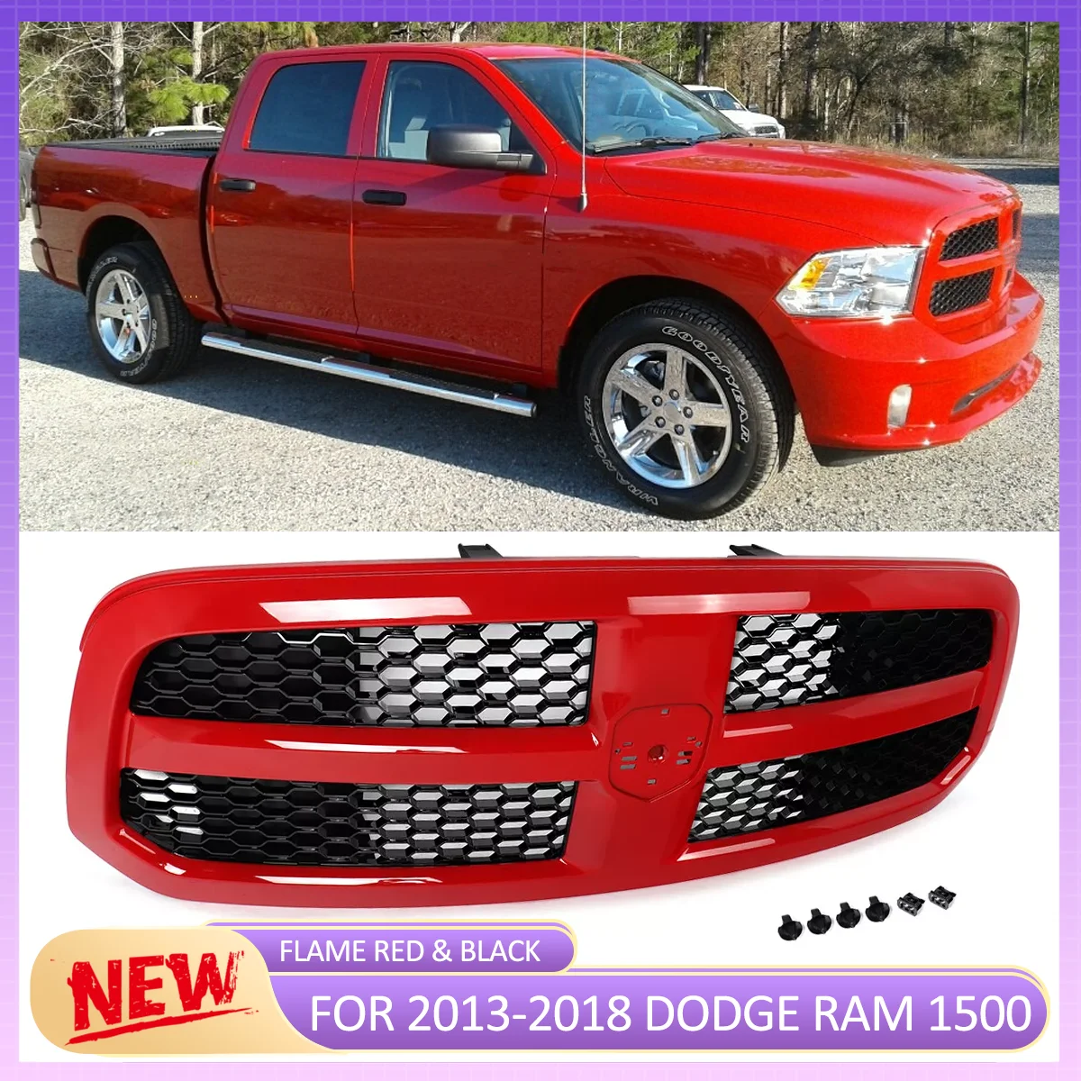 Front Grille Flame Red For Dodge RAM 1500 Tradesman 2013-2018 Honeycomb Front Bumper Upper Grille Racing Grills Radiator Grille