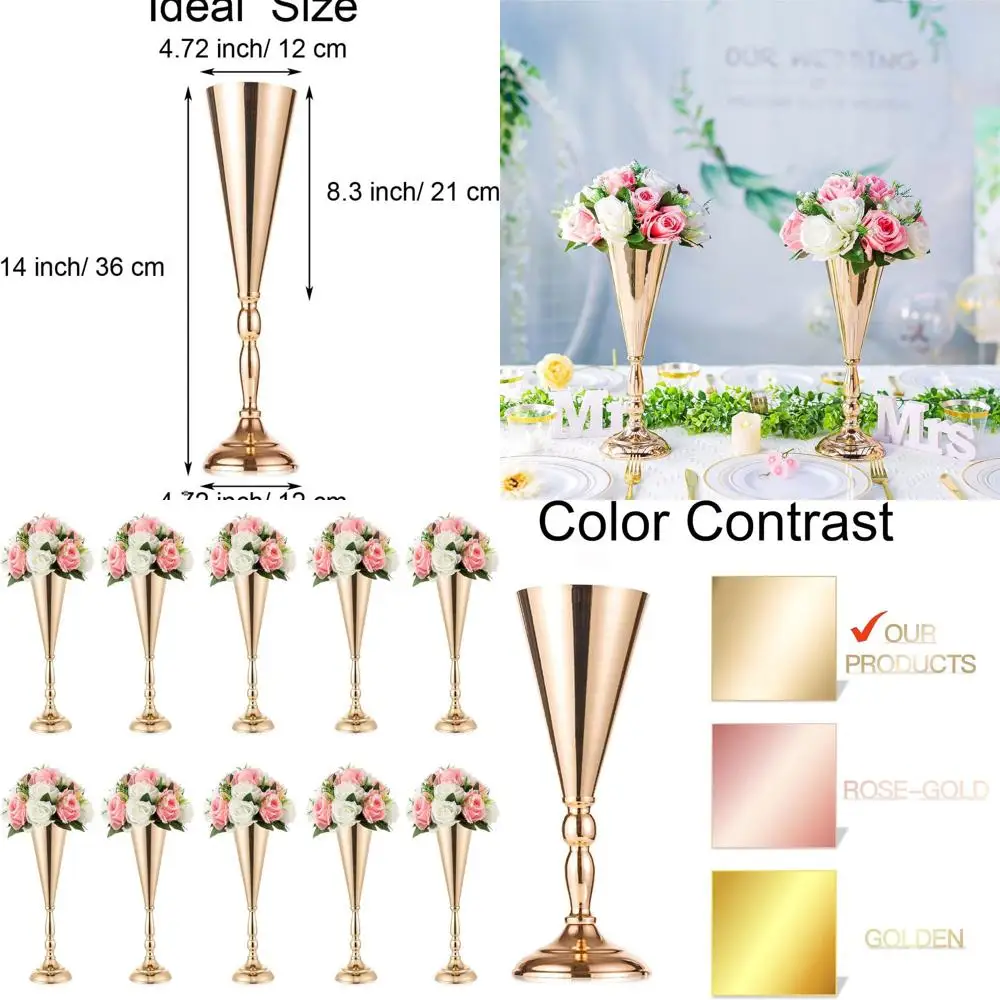 

10-Piece Metal Flower Stands, Elegant Trumpet Vases for Weddings, Birthdays, and Home Decor, 14 Tall