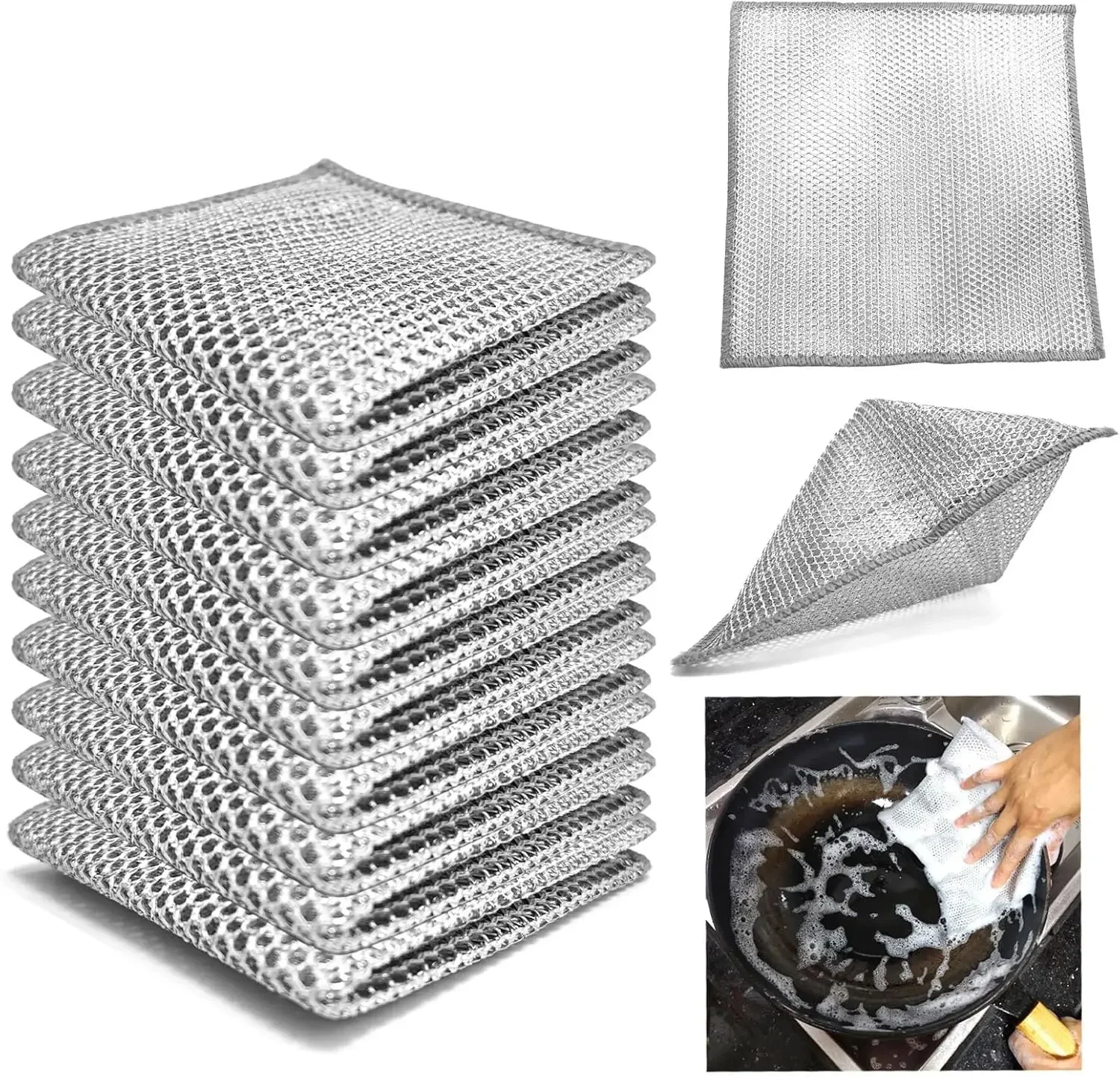 Non Scratch Wire Dishcloth, Multipurpose Wire Dishwashing Rag for Wet and Dry, Reusable Steel Wool Scrubber for Kitchen Cleaning