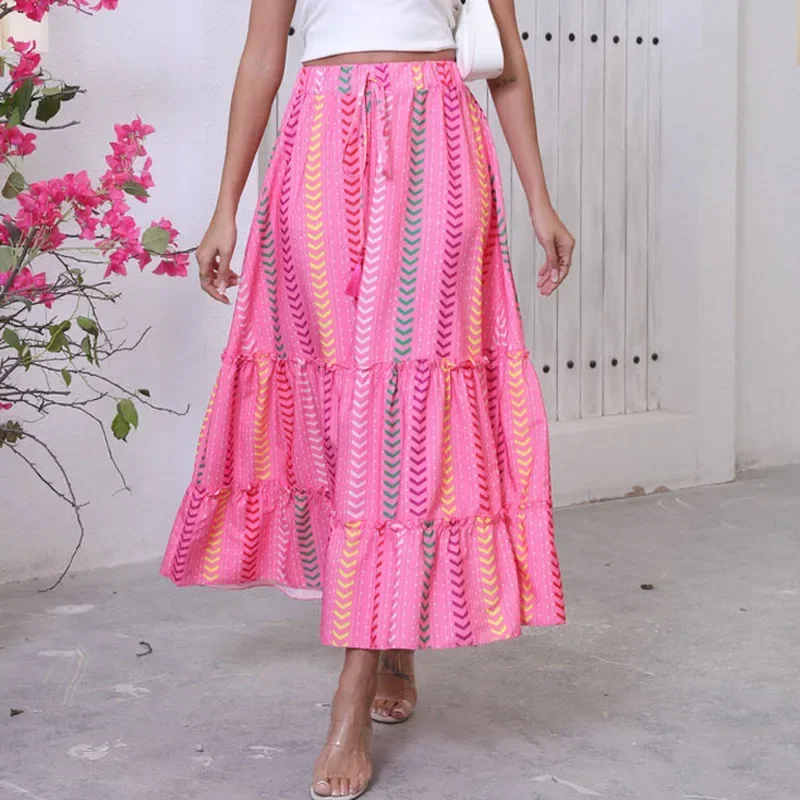 

Европа и Америка, стиль отпуска, новая длинная юбка с принтом на шнуровке, женская юбка трапециевидной формы с эластичной резинкой на талии, женская Faldas 2025 Q223