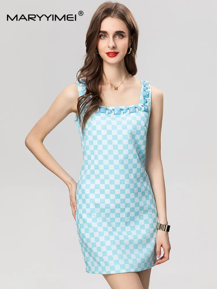 MARYYIMEI Fashion Designer Summer Women's Sheath Dress Beading Spaghetti Strap Plaid Dresses