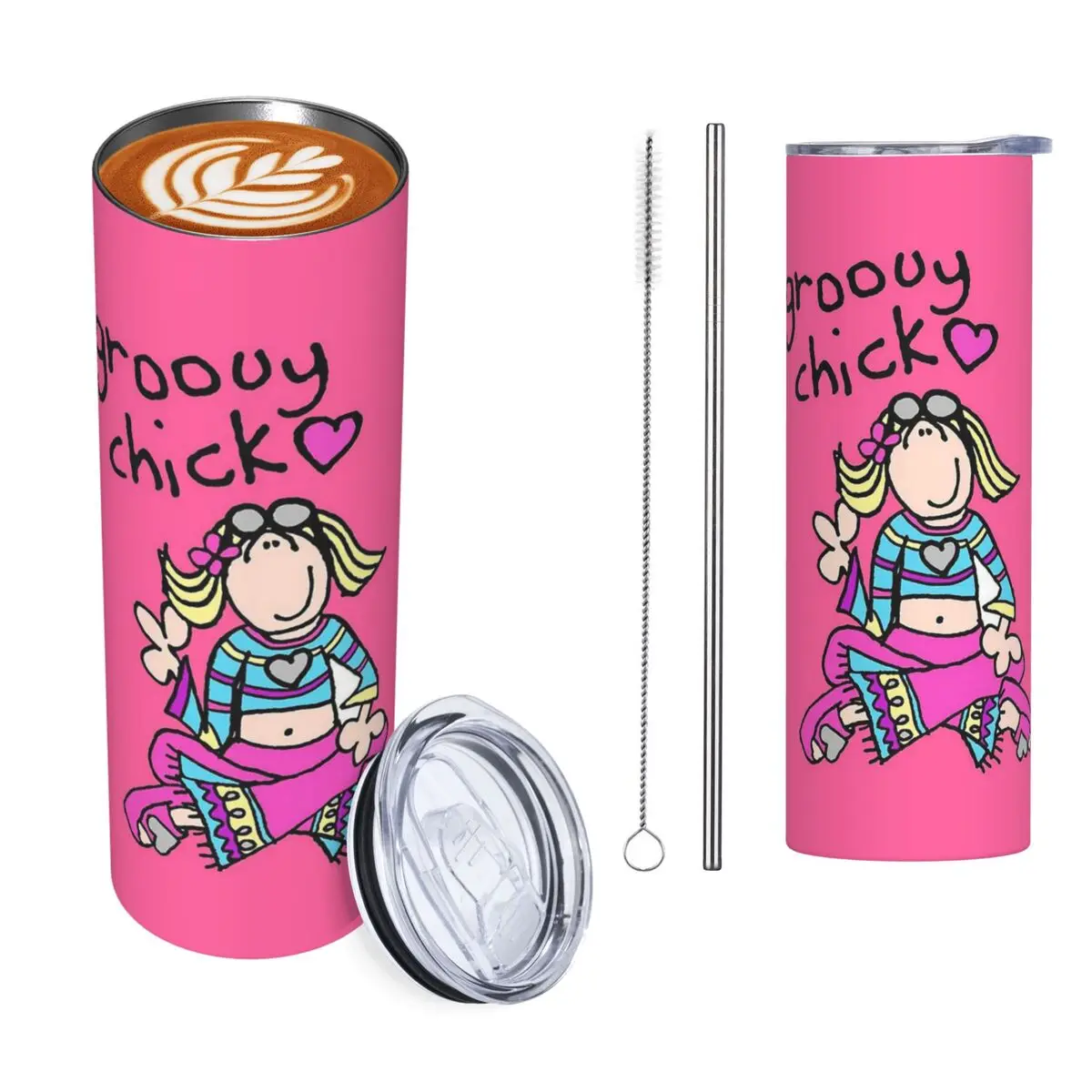 Groovy Chick Girls 2000s Y2K Vintage Stainless Steel Tumbler Vacuum Insulated Mugs Thermal Cold Cup Straws With Lid 20oz