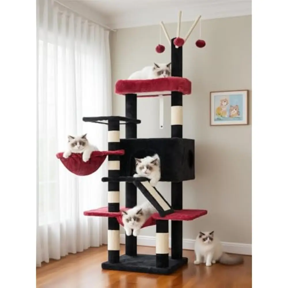 

Cat Tree, 63 inch Multi-Level Cats Tower for Indoor Cats, Cats Condo with Cat Scratching Post and Board, Cat Hammock, Smoky Gray