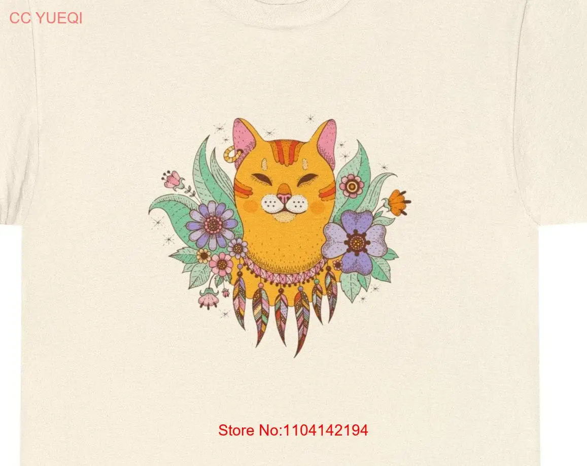 Boho Hippie Cat Heavy Cotton T Shirt peace sign love happy smile earring flowers feathers leaf gift him her boyfriend