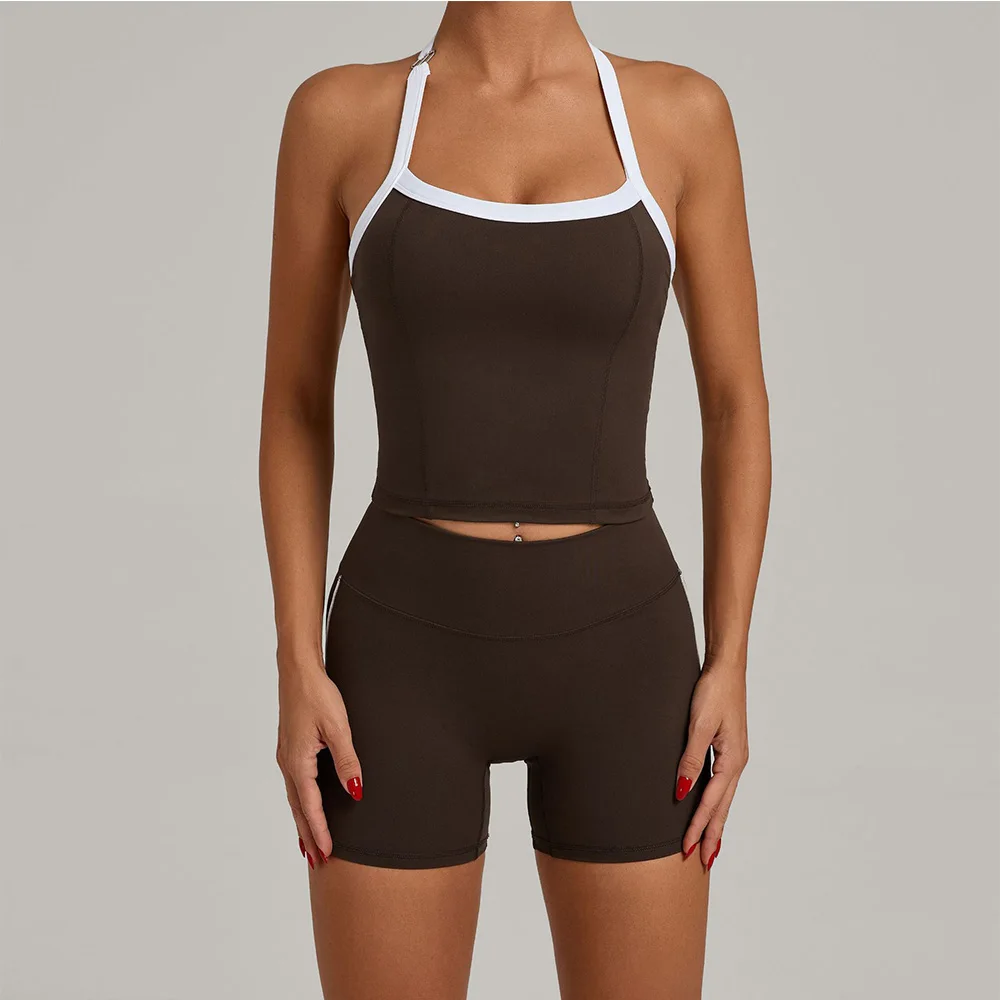 Women Halter Neck Beautiful Back High Waist Peach Sports Bras Shorts Suit Pilates Gathering Yoga Vest Training Fitness Bra Sets