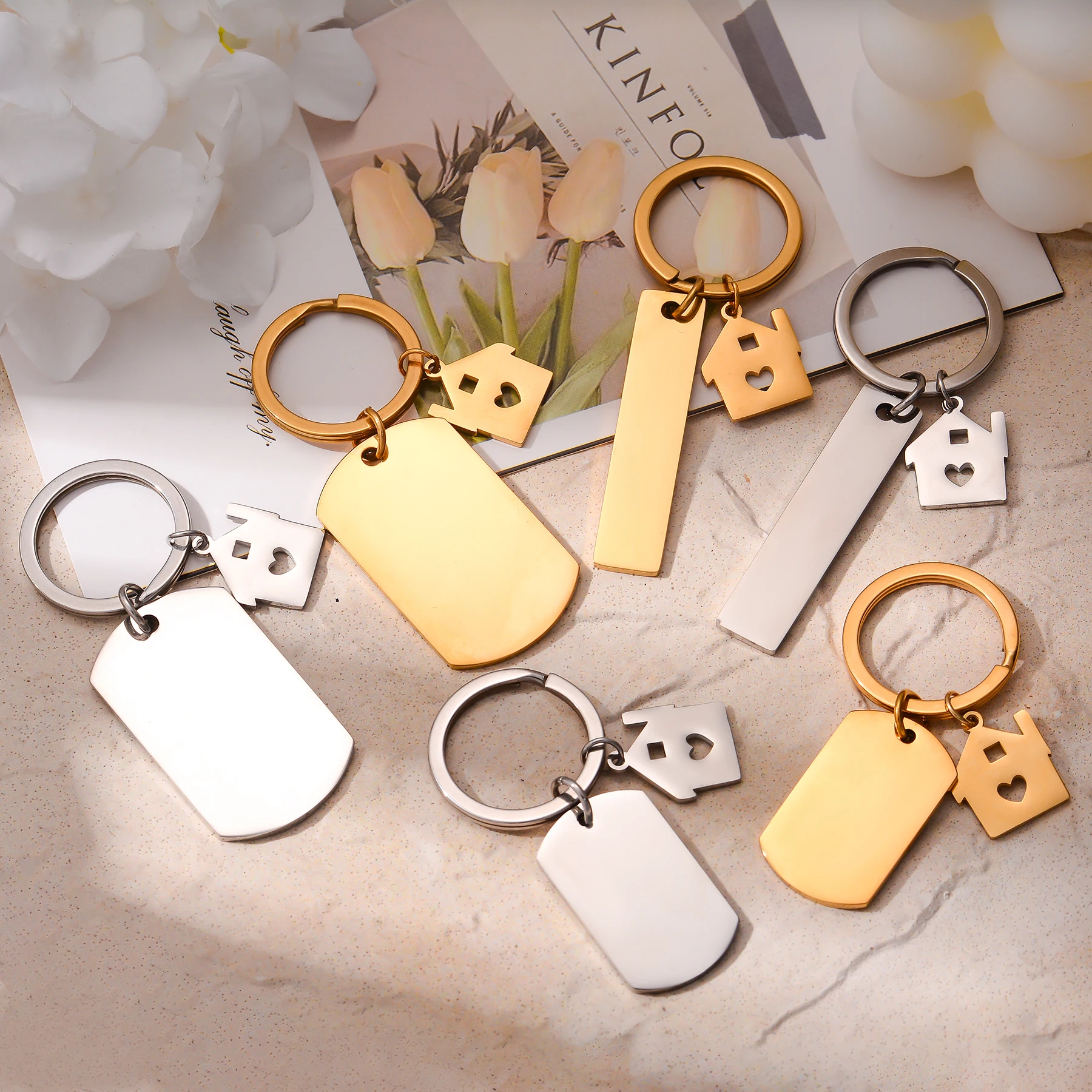 10Pcs Wholesale New Keychain with House Pendant Stainless Steel Dog Tag Geometry Bag Car key Ring Accessories New Home Gift