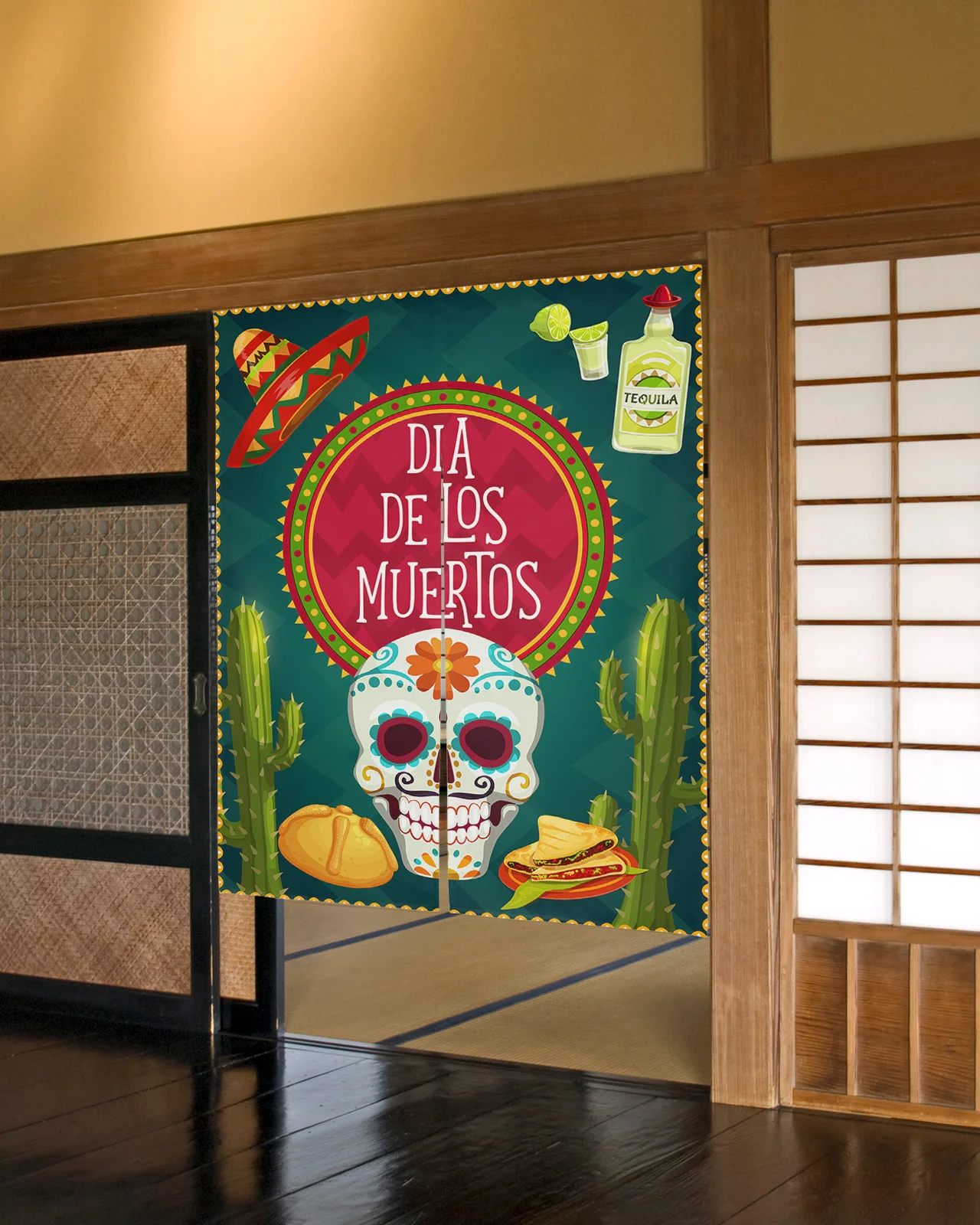 Mexican Festival Food Skull Straw Hat Cactus Japanese Door Curtain Partition Kitchen Doorway Curtain Cafe Restaurant Noren Decor