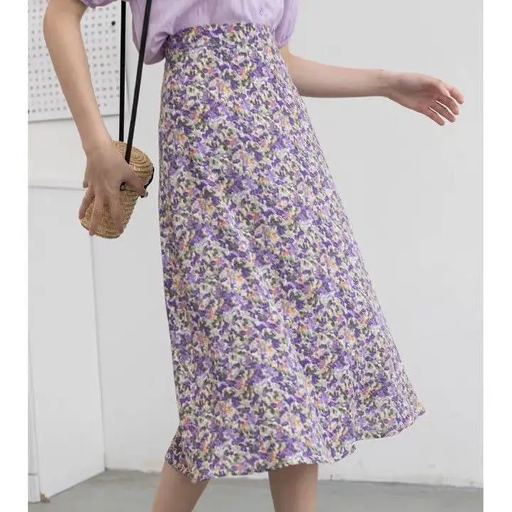 Summer Korean Elegant Floral High Waist Chiffon Skirt Women\'s Clothing Fashion A-Line All-match Printed Midi Skirts for Female