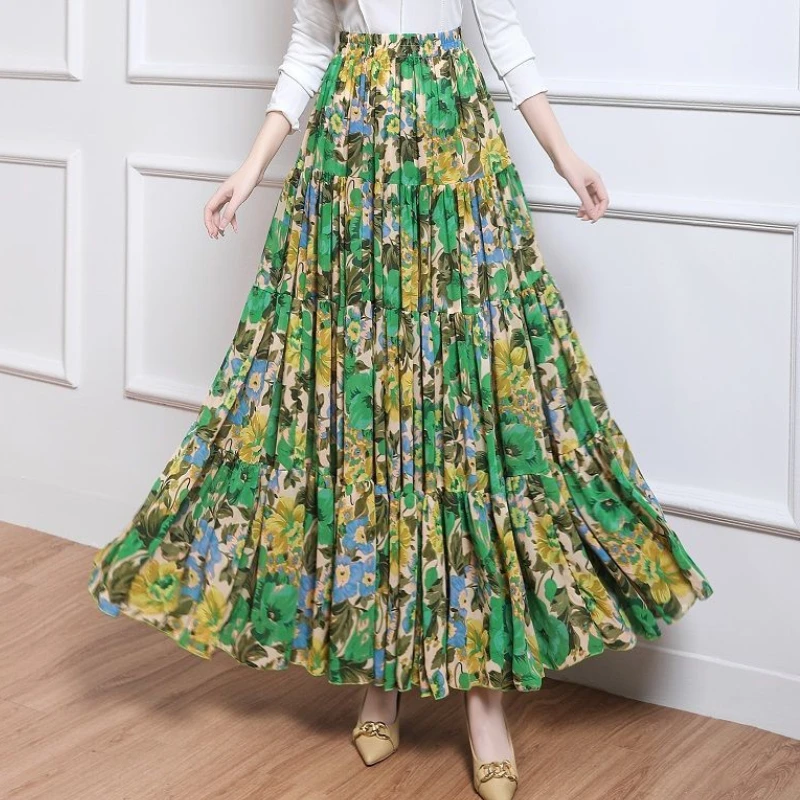 Spring Floral A-line Maxi Long Chiffon Skirt High Waist Cakee Patchwork Ankle Long Summer Skirts