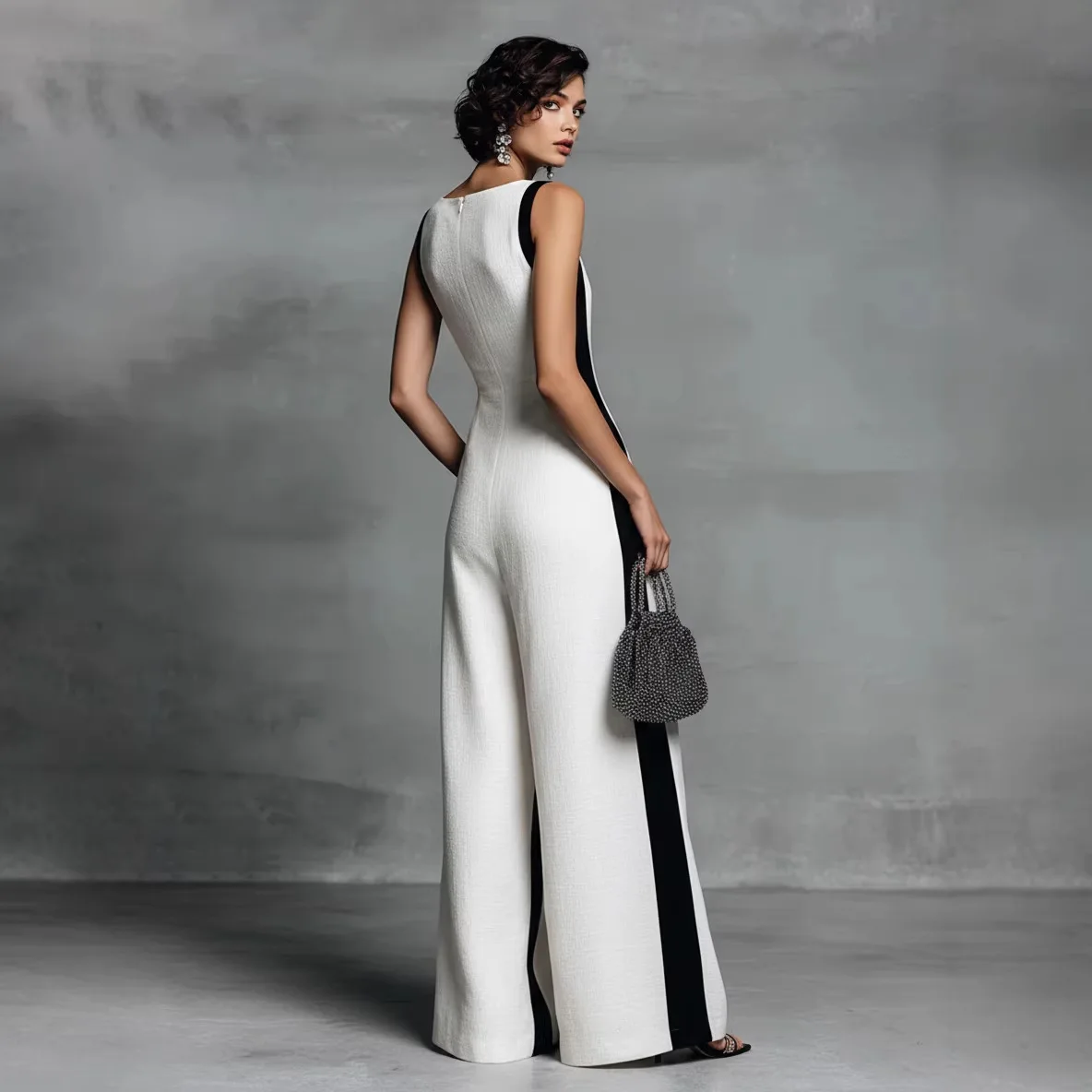 

Женский черно-белый комбинезон без рукавов с глубоким V-образным вырезом, широкими штанинами, контрастными вставками и карманами, для офиса, винтажный, повседневный, летний