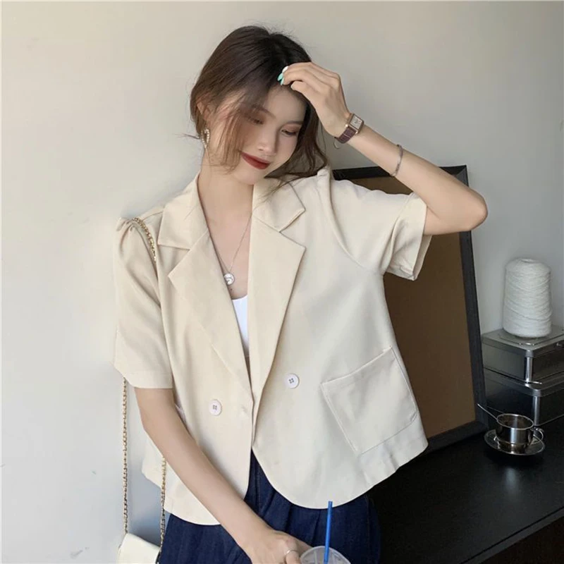 Lucyever-Chaqueta corta de manga corta para mujer, traje de oficina que combina con todo, Color sólido, estilo coreano, para verano, 2023