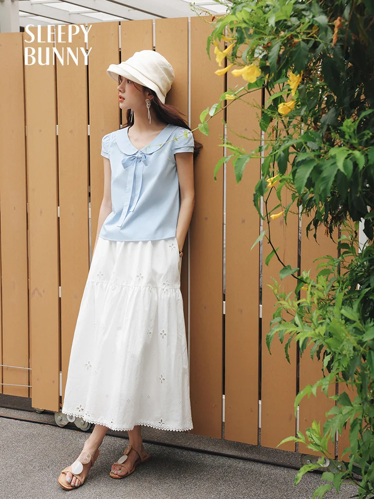 

Sweet Peter Pan Collar Blouse for Women Summer Puff Sleeve Top with Bow Tie Cute Korean Style Shirt for Daily Wear Youthful Look