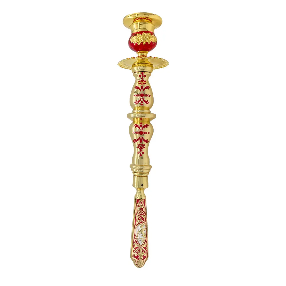 

Orthodox Handheld Candle Holder Gold Plated Enamel Byzantine Style Christian Religious Ritual Candlestick for Church Worship