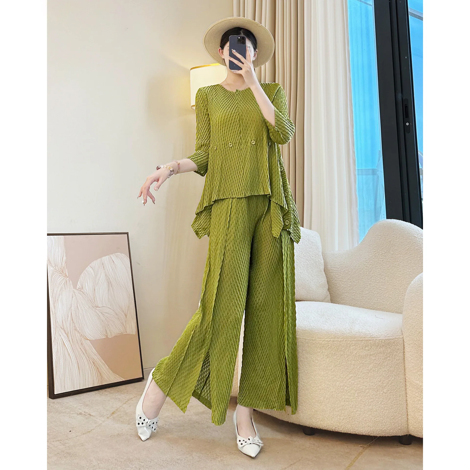 

2025 Autumn New Arrival Women Suit Long-sleeved Solid-colourTop T-shirt High-waisted Relaxed-fit Wide-leg Trousers in Plus Size